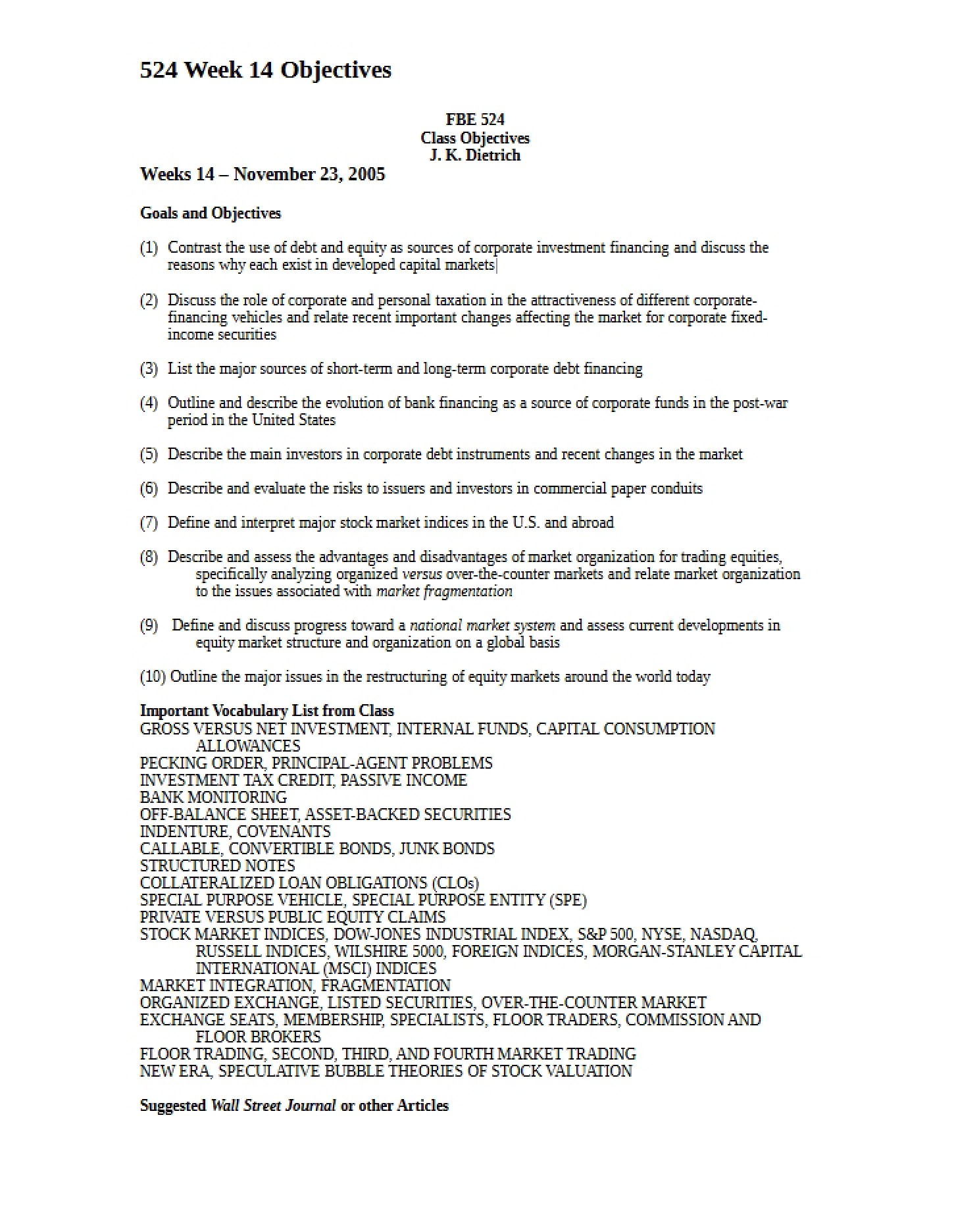 Objectives for Week Fourteen 2005