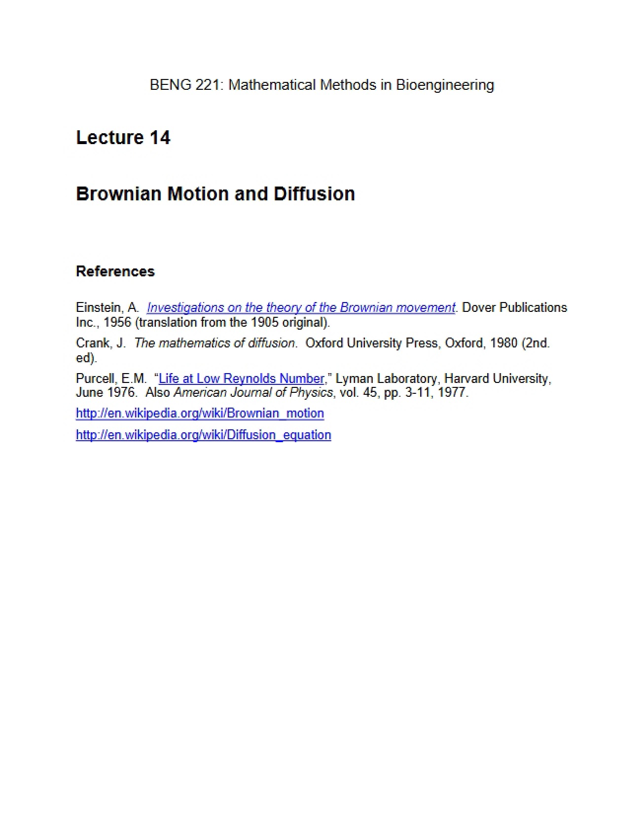 Diffusion and Brownian Motion