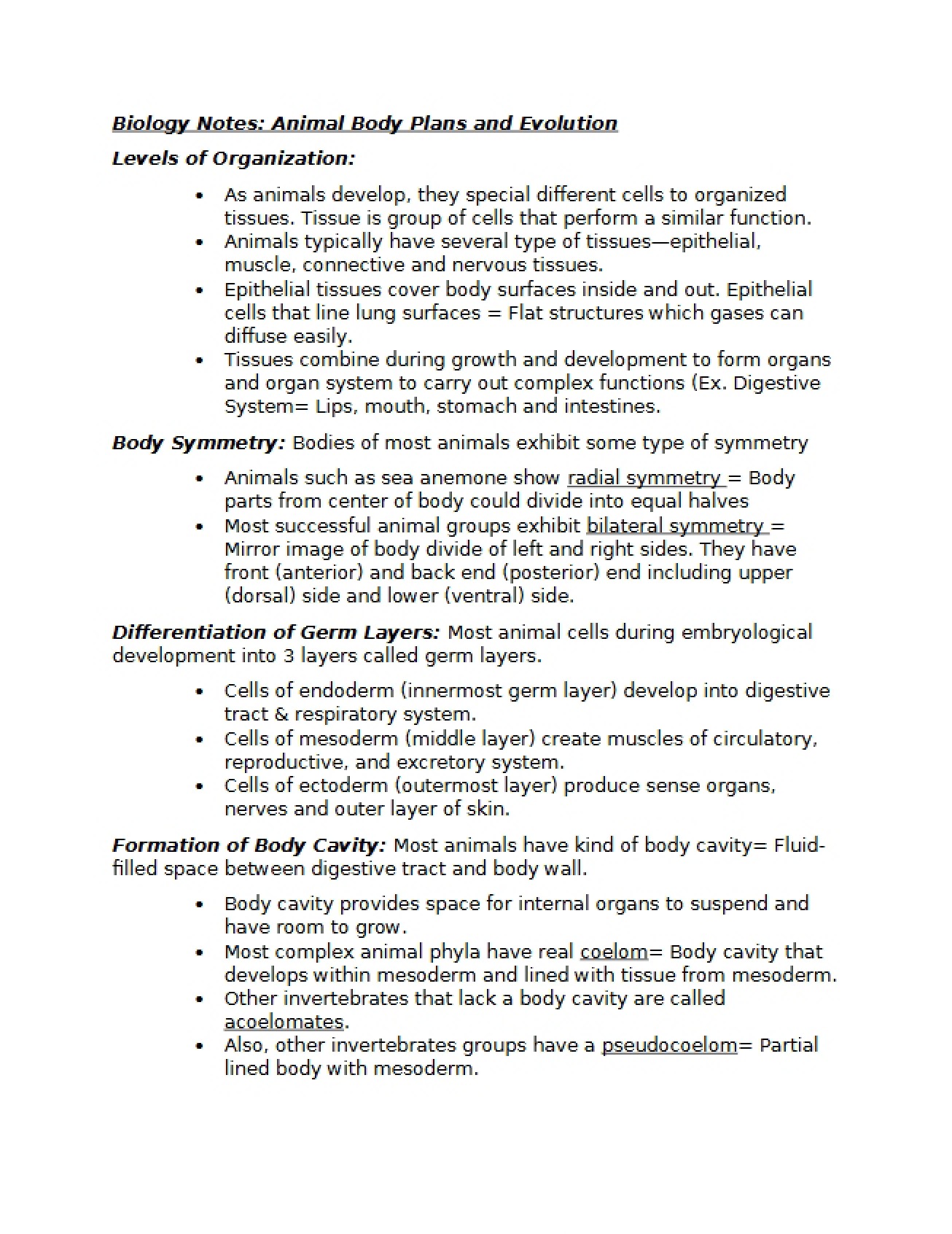 Biology Notes on Animal Body Plans and Evolution