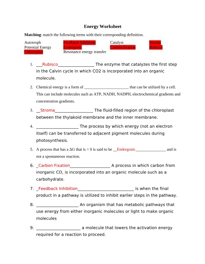 Worksheet on Energy