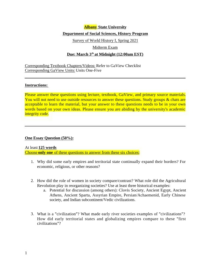 Midterm Exam - World History I (Spring 2021)