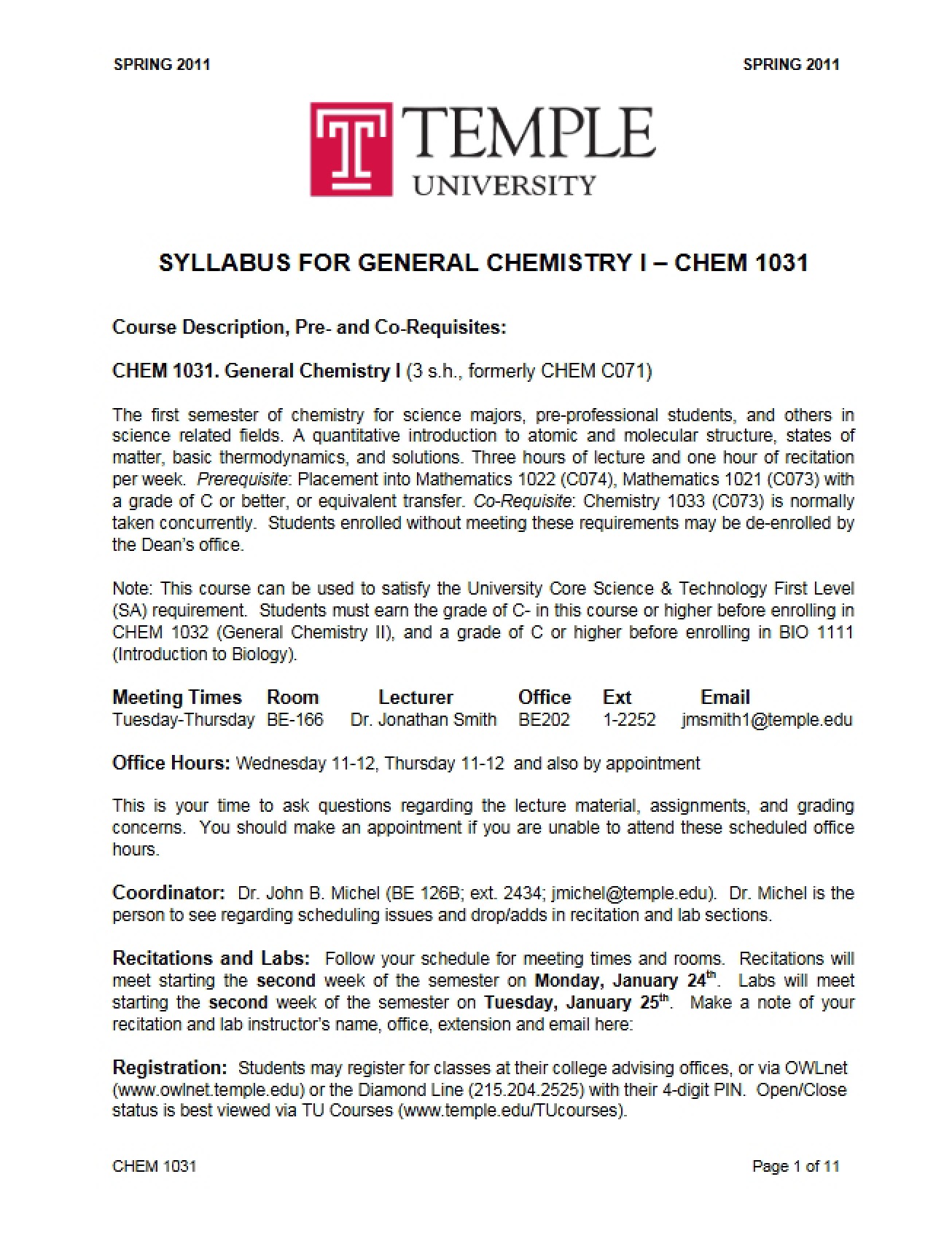 General Chemistry I Course Syllabus