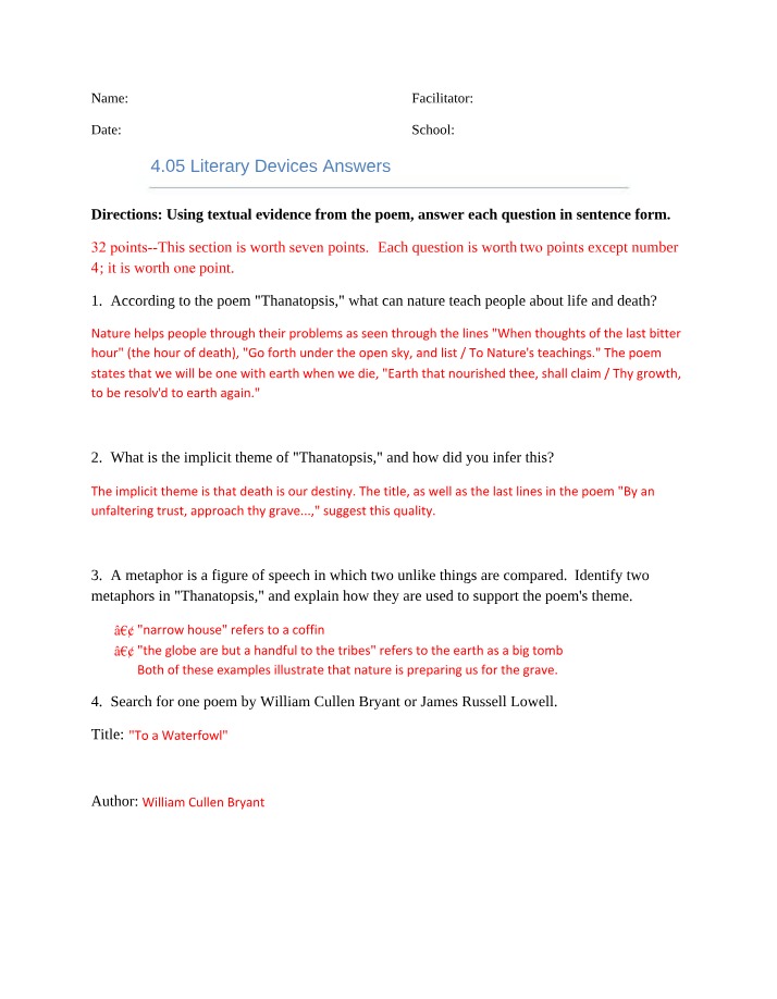 Literary Devices - 4.05 Answers