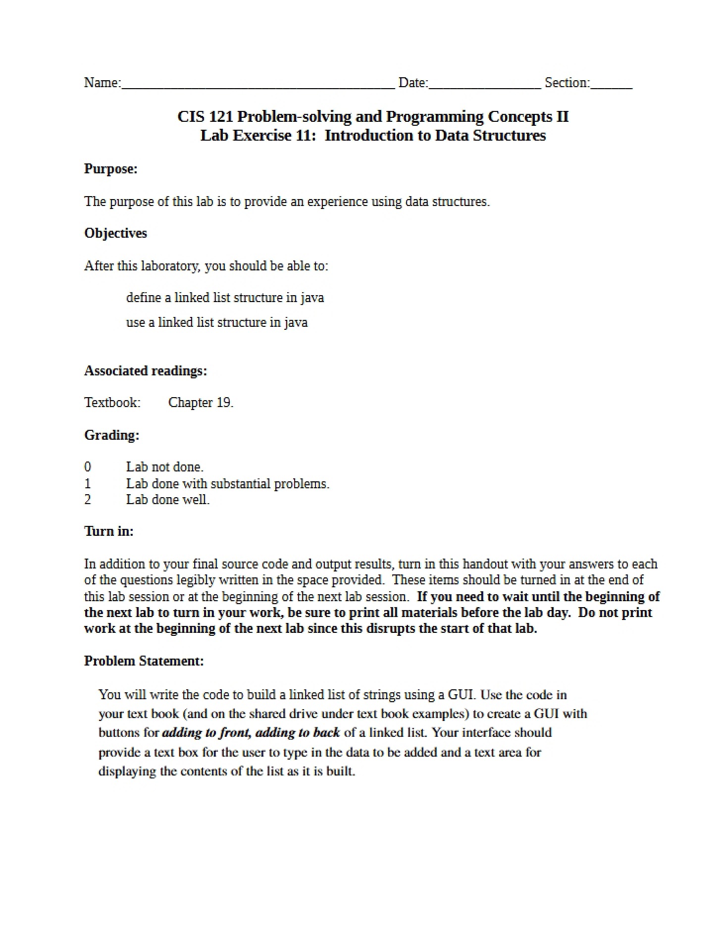 Lab 11 Data Structures Intro (CIS 121)