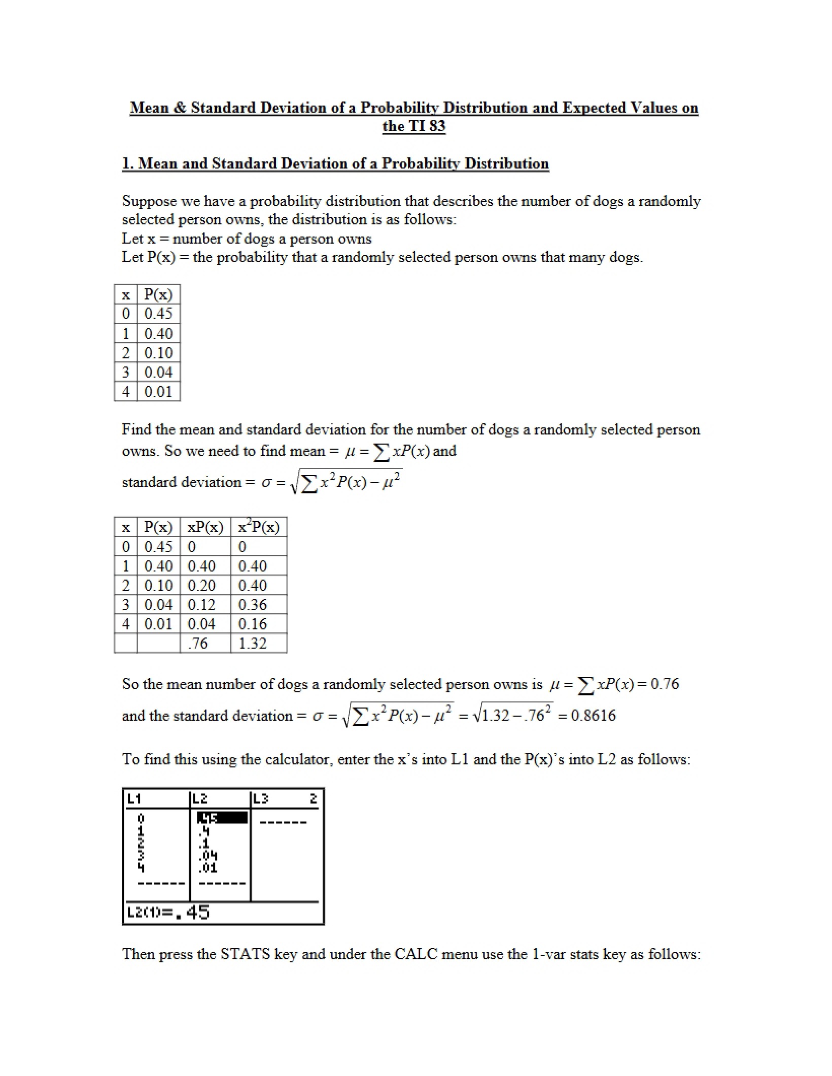 TI-83 Guide Mean, Deviation, and Expected Values