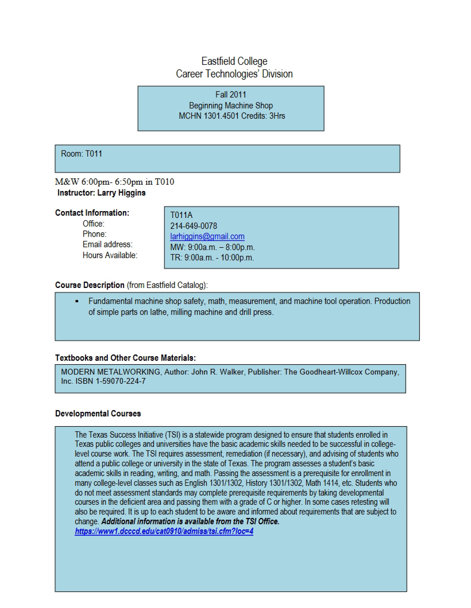 Beginning Machine Shop Syllabus