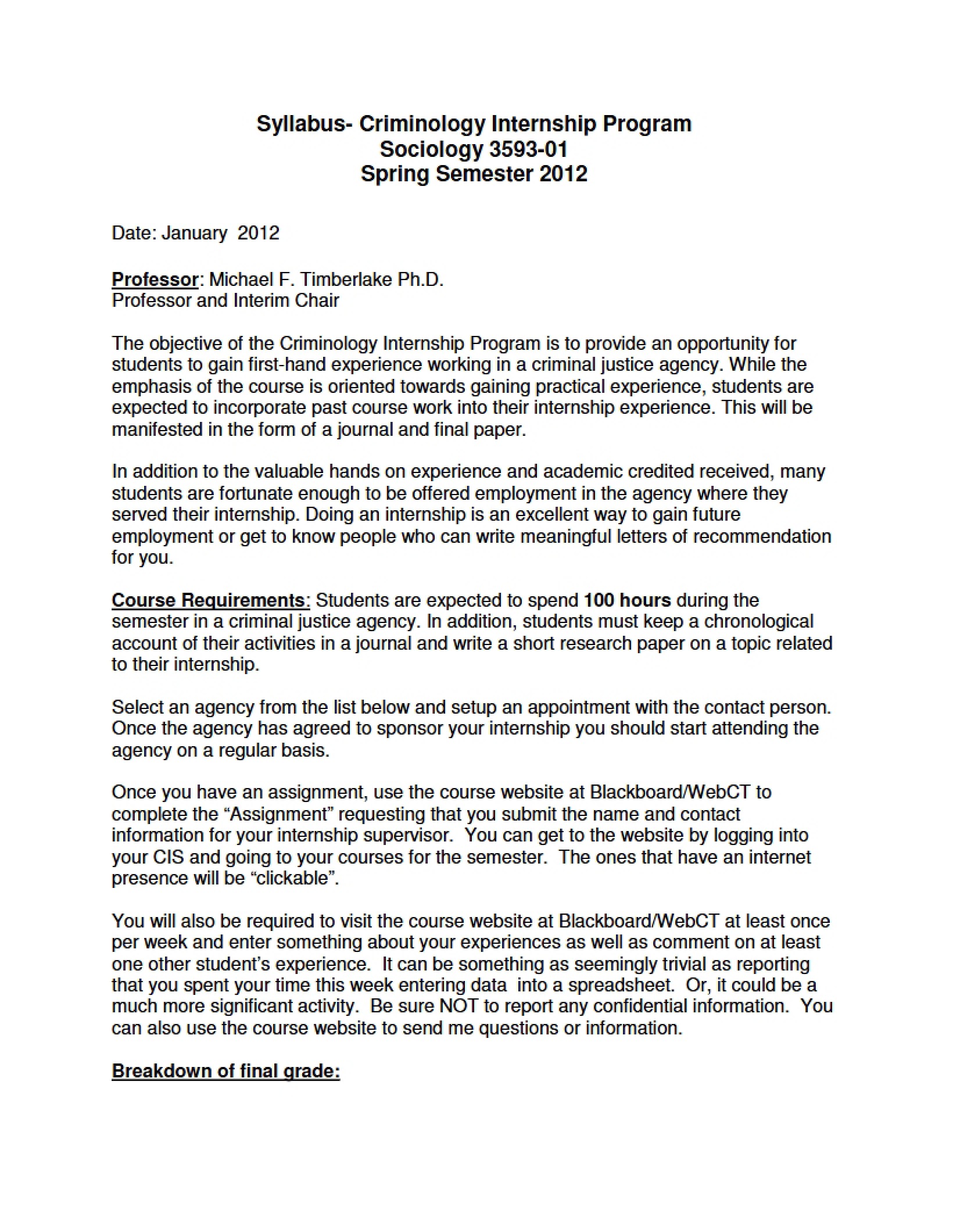 Criminology Internship Syllabus
