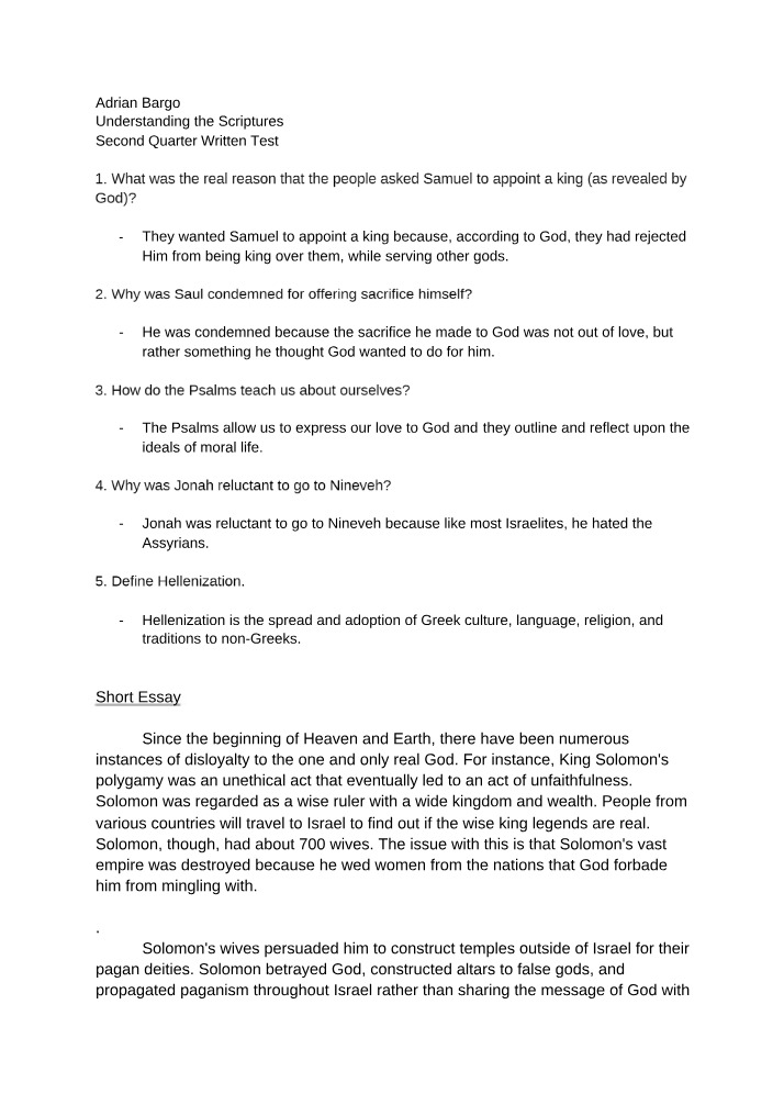 Second Quarter Written Test - Understanding the Scriptures