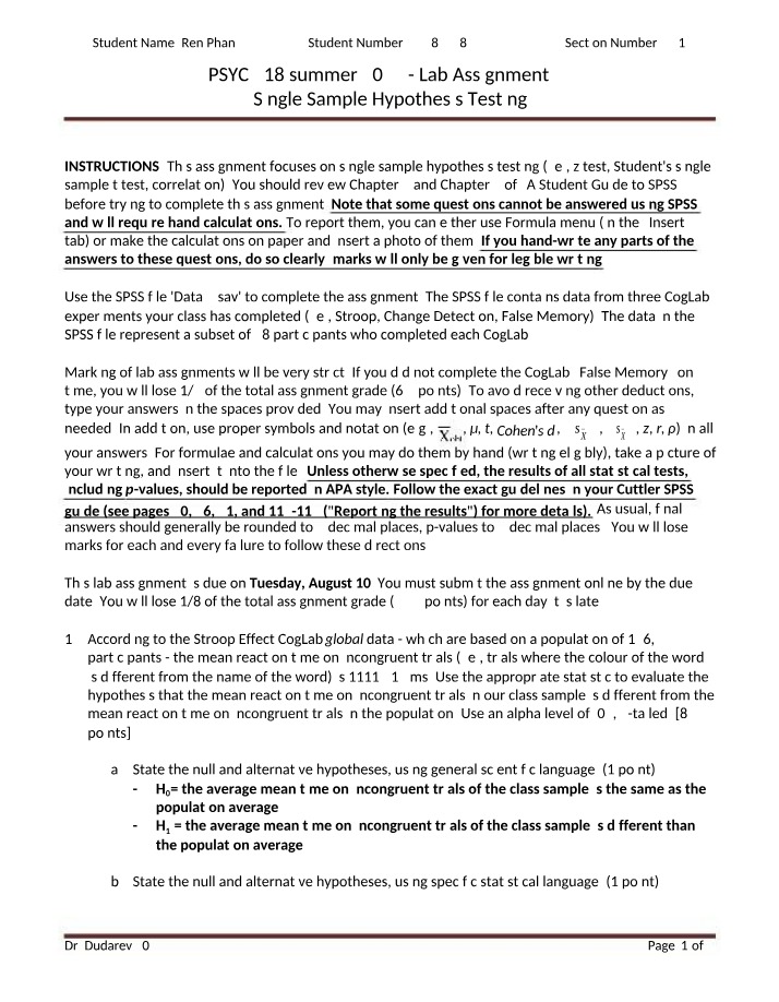 Single Sample Hypothesis Testing - PSYC 218 Lab Assignment 5 (Summer 2023)