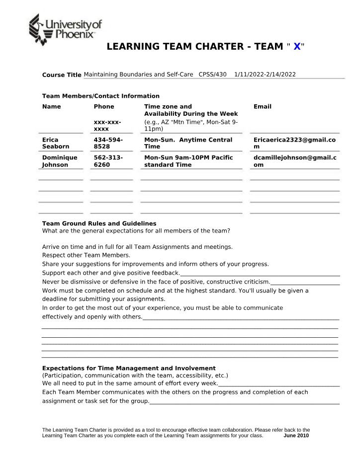 Learning Team Charter - Guidelines and Expectations