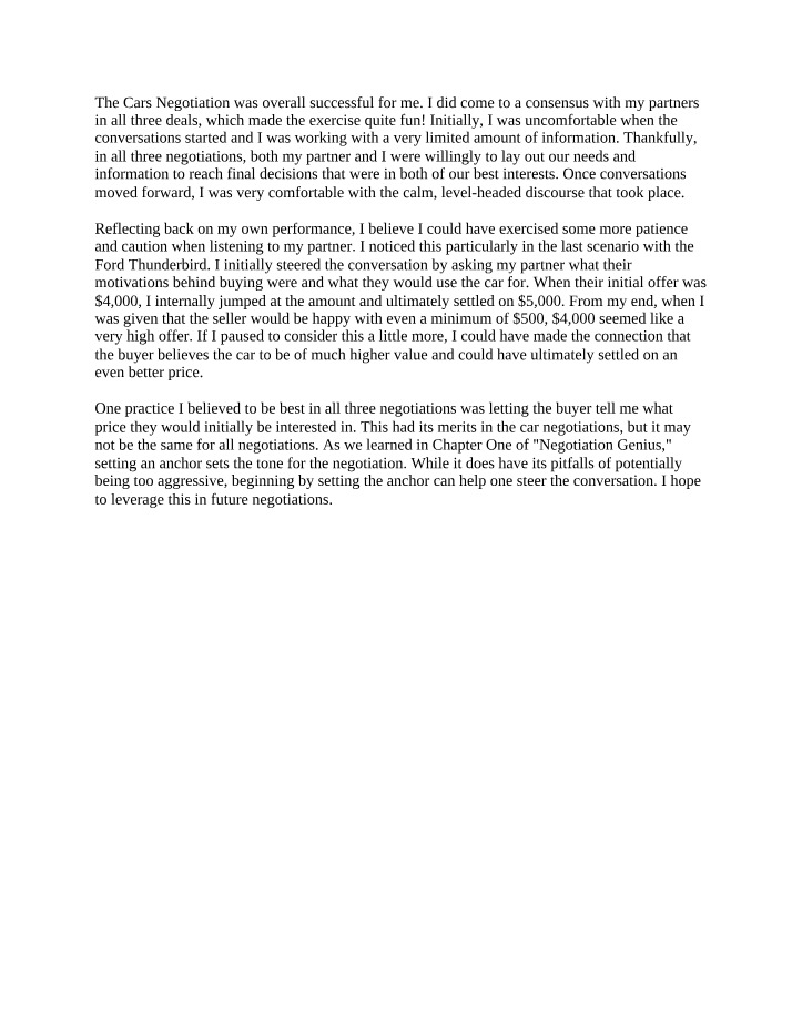 Reflection on the Cars Negotiation