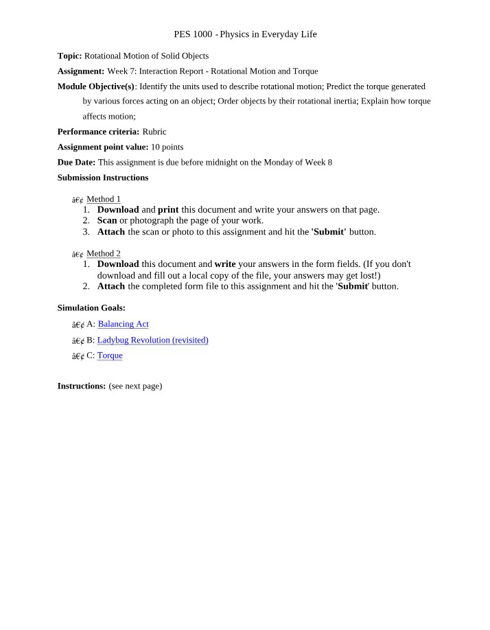 Week 7 Interaction - Rotational Motion and Torque