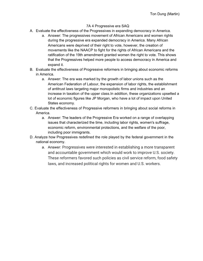 SAQ for the Progressive Era