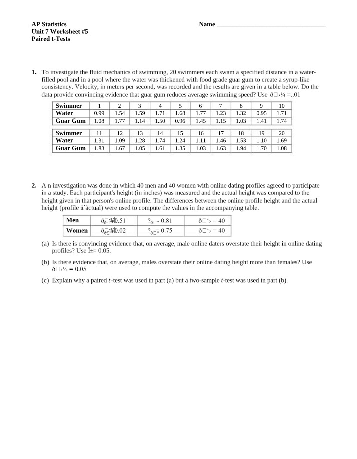 Unit 7 Worksheet #5 - Paired t-Tests Answers