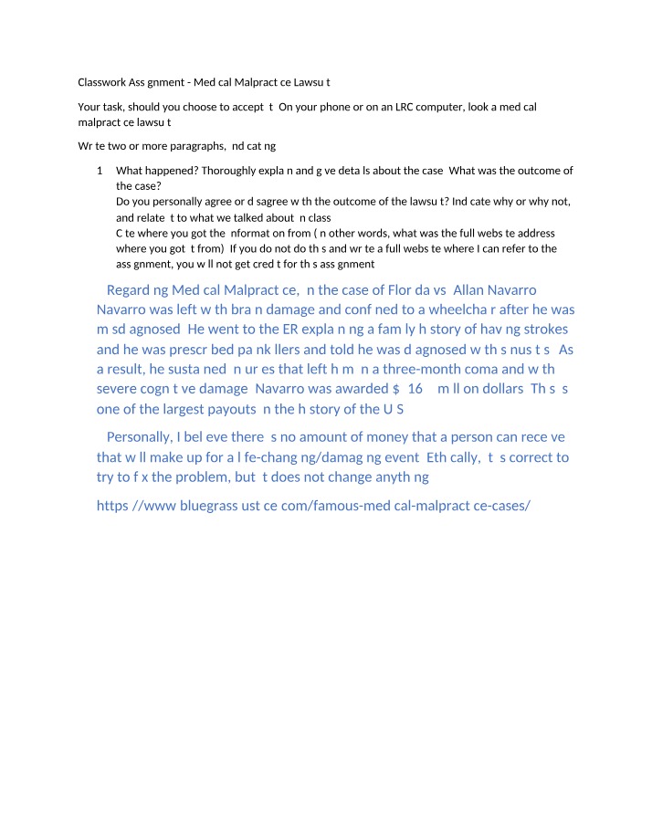Assignment - Medical Malpractice Lawsuit
