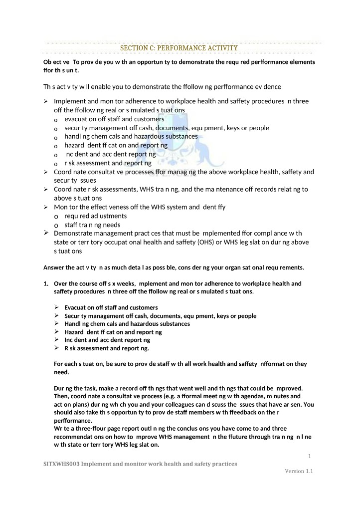Monitoring and Implementing Work Health and Safety Practices