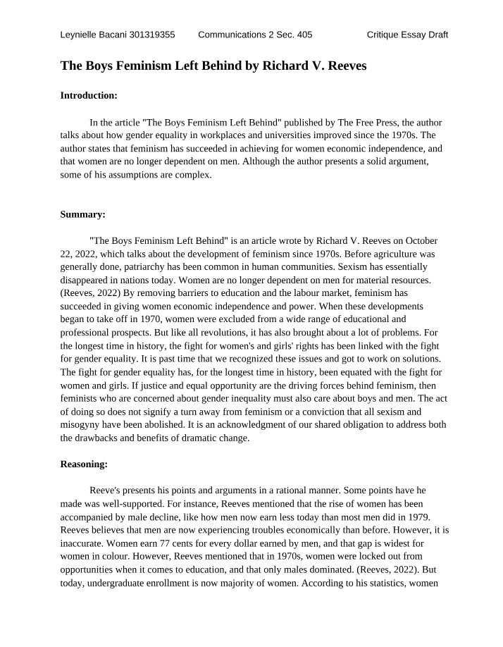 Critique Essay Draft on 'The Boys Feminism Left Behind'