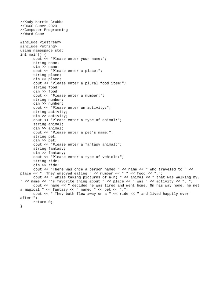 Word Game Program