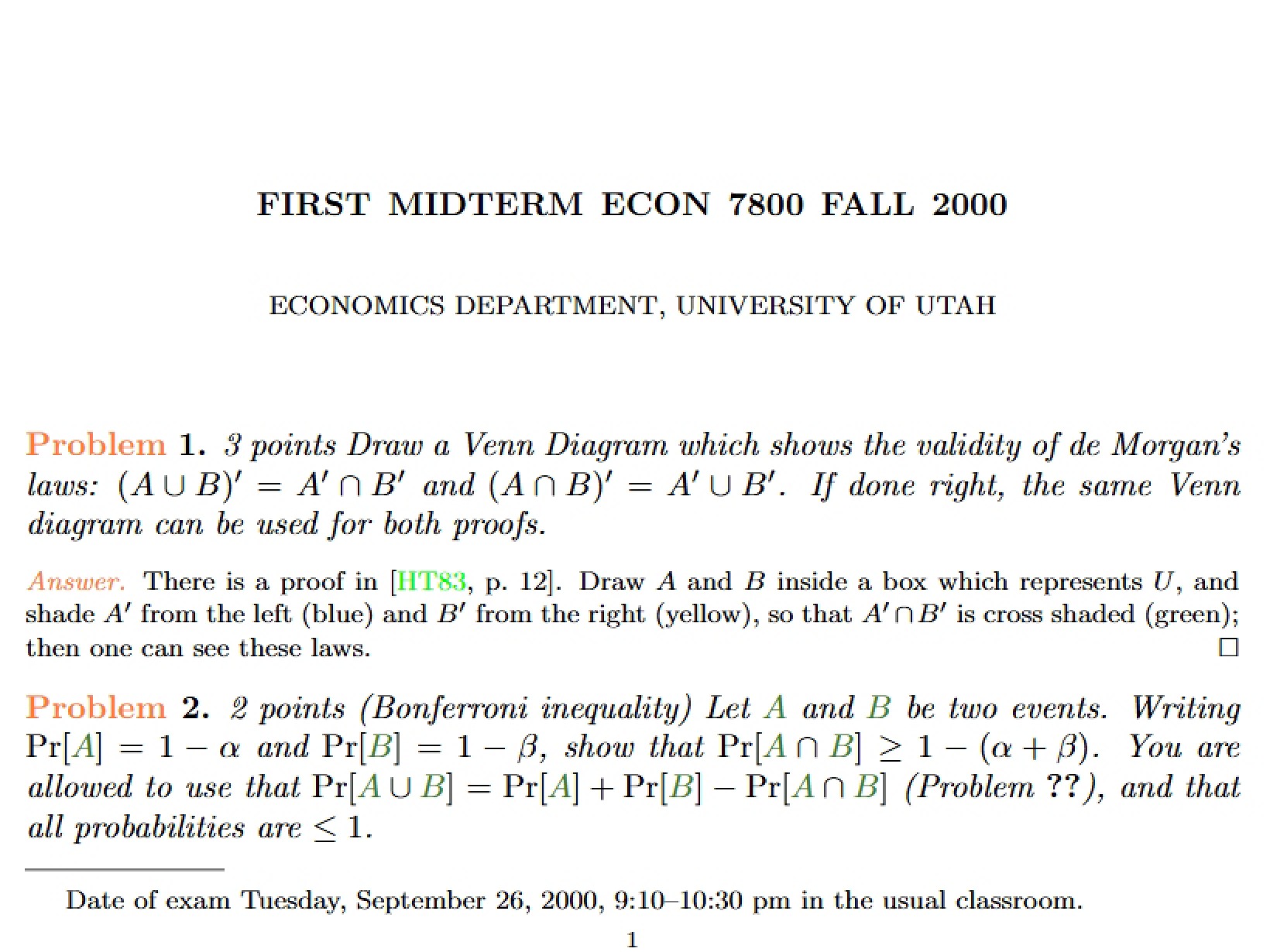 Answer Key and Problems for Midterm