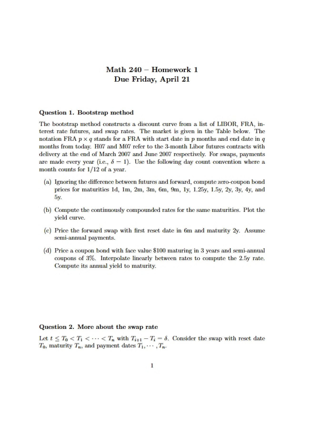 First Homework for Fixed Income Models