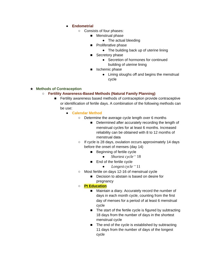Endometrial Phases and Methods of Contraception