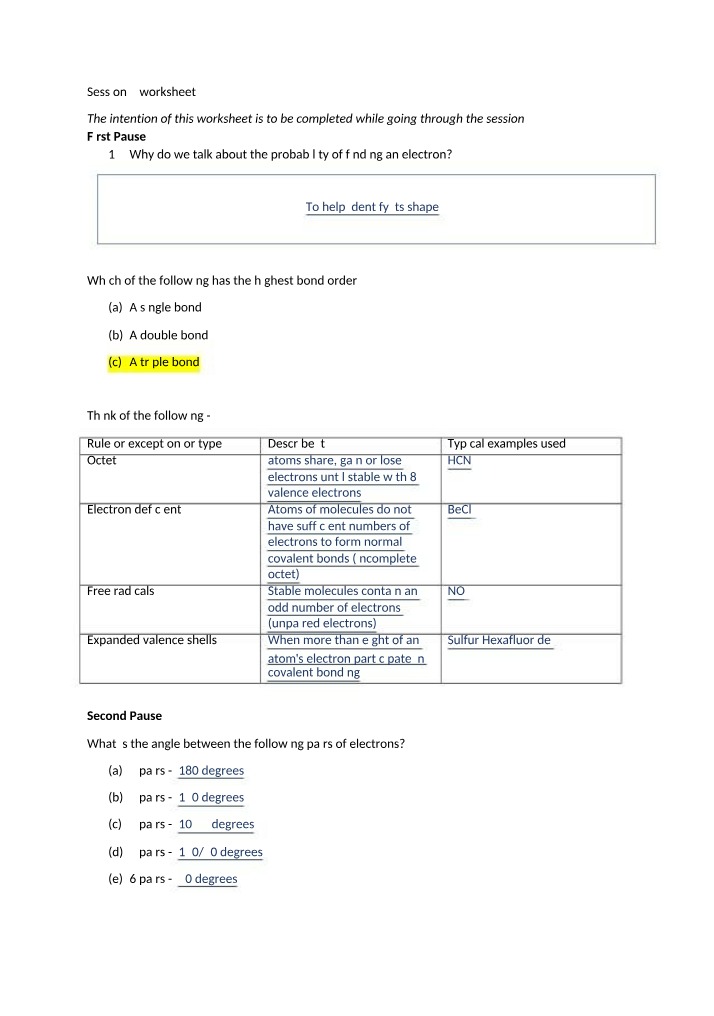 Worksheet on Electron Probability and Molecular Shapes