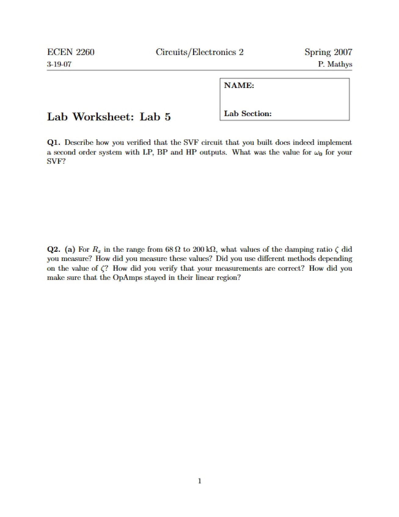 Laboratory Five Worksheet
