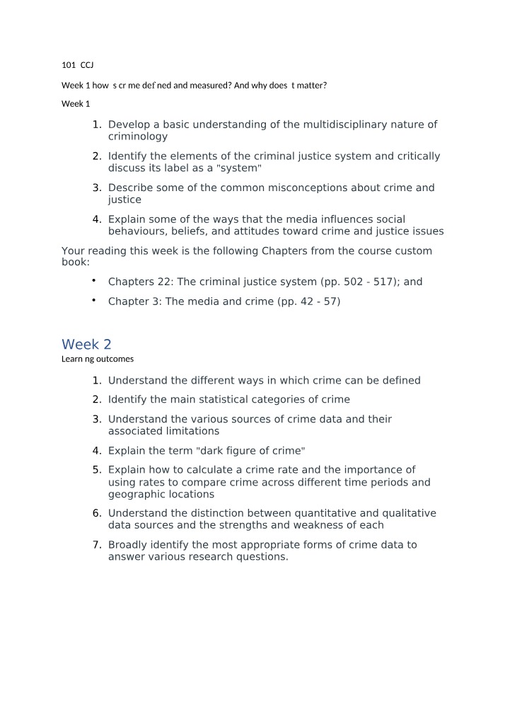 Learning Outcomes and Readings for 1013CCJ Weeks 1-2