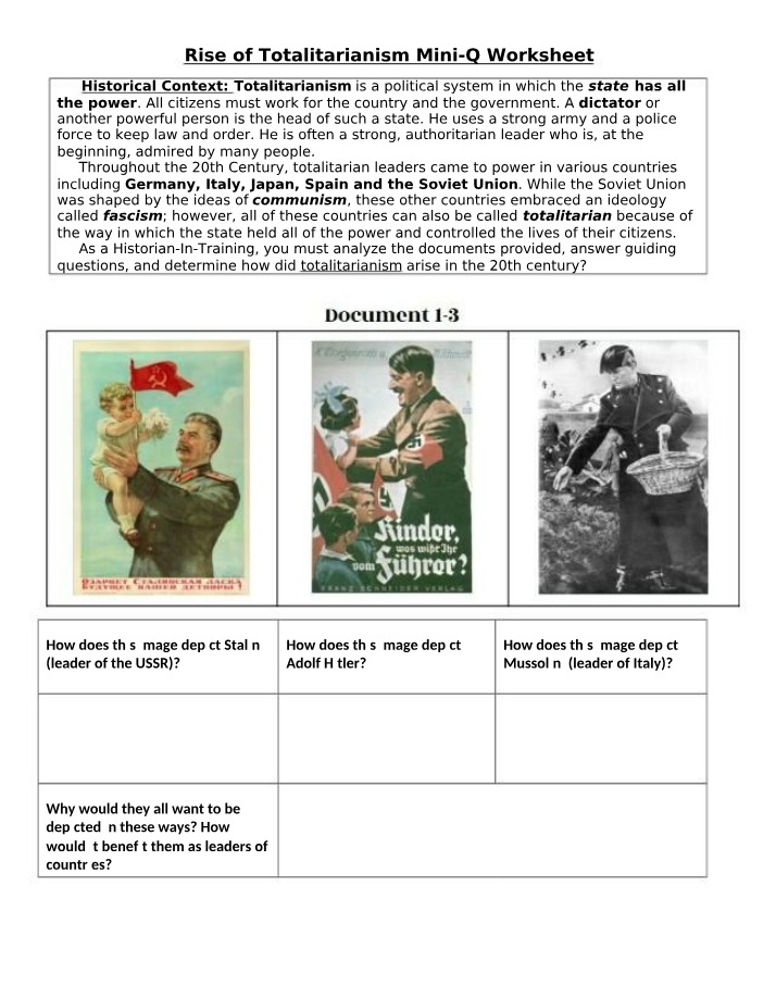 Totalitarianism Mini-Q Worksheet