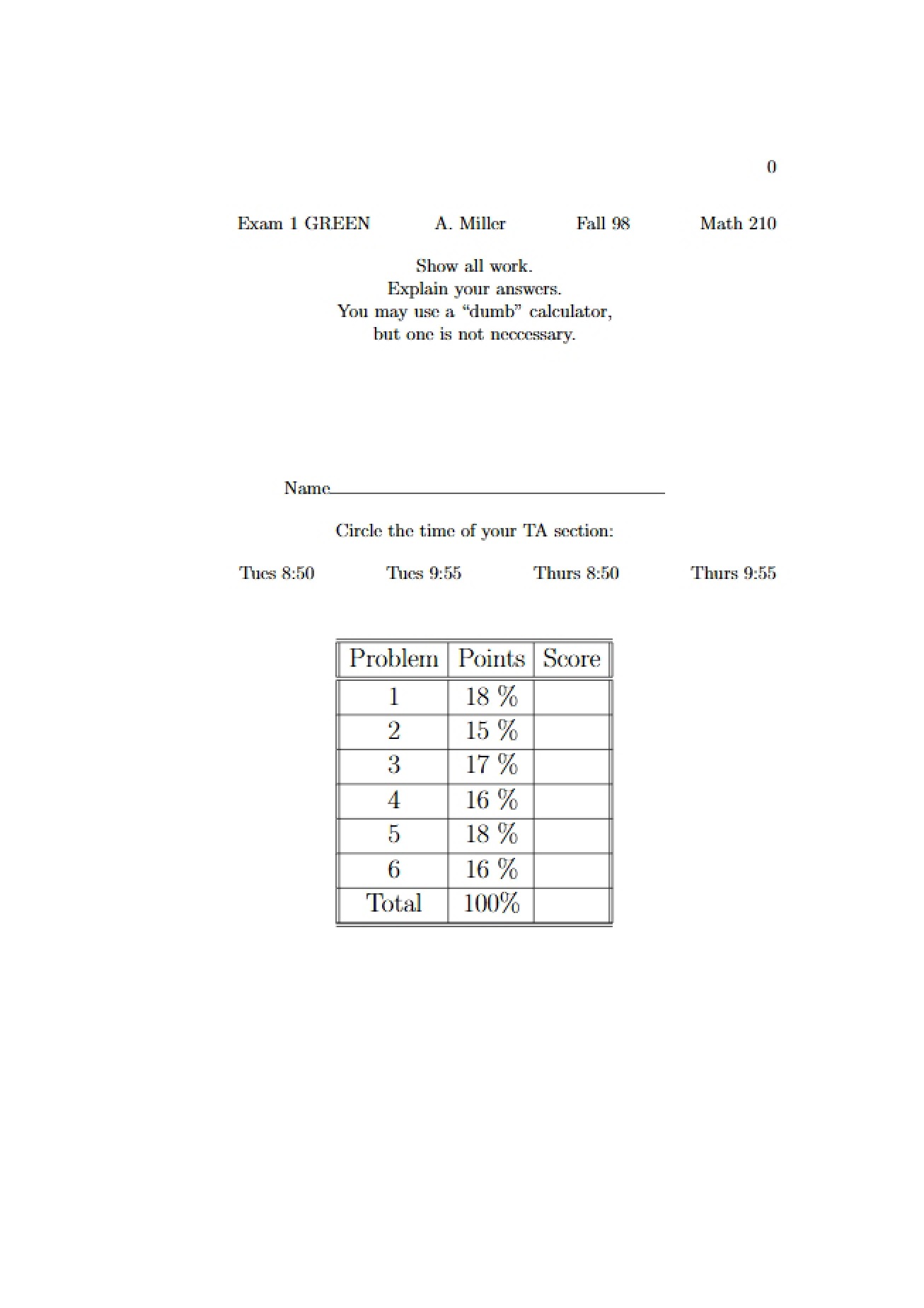 Exam 1 for Math 210