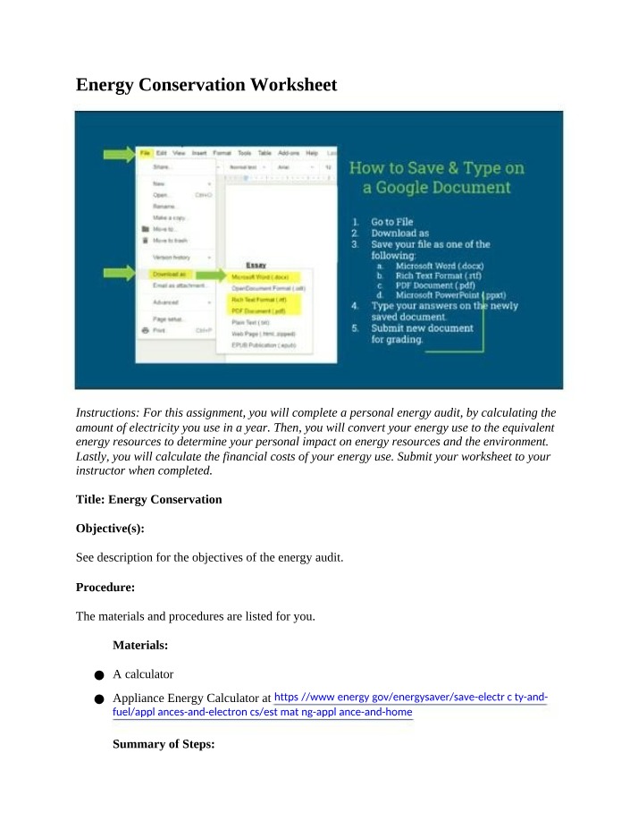 Worksheet on Energy Conservation