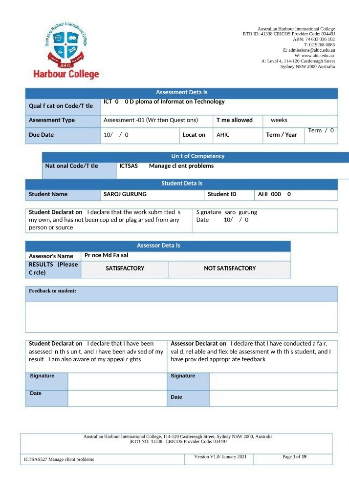 ICTSAS527 Assessment - Manage Client Problems