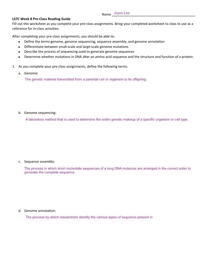 Genome Sequencing and Mutations Pre-Class