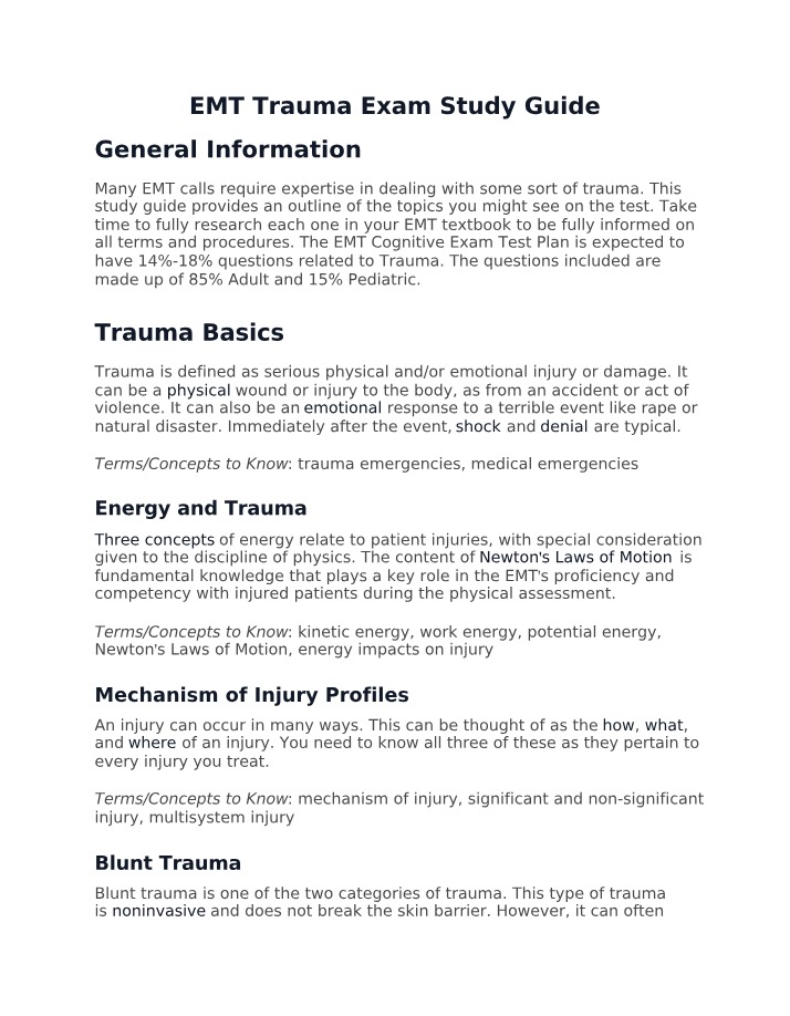 Essential Concepts and Assessment for the EMT Trauma Exam