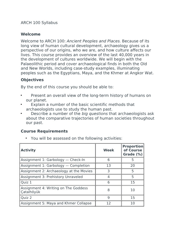 ARCH 100 - Ancient Peoples and Places Syllabus