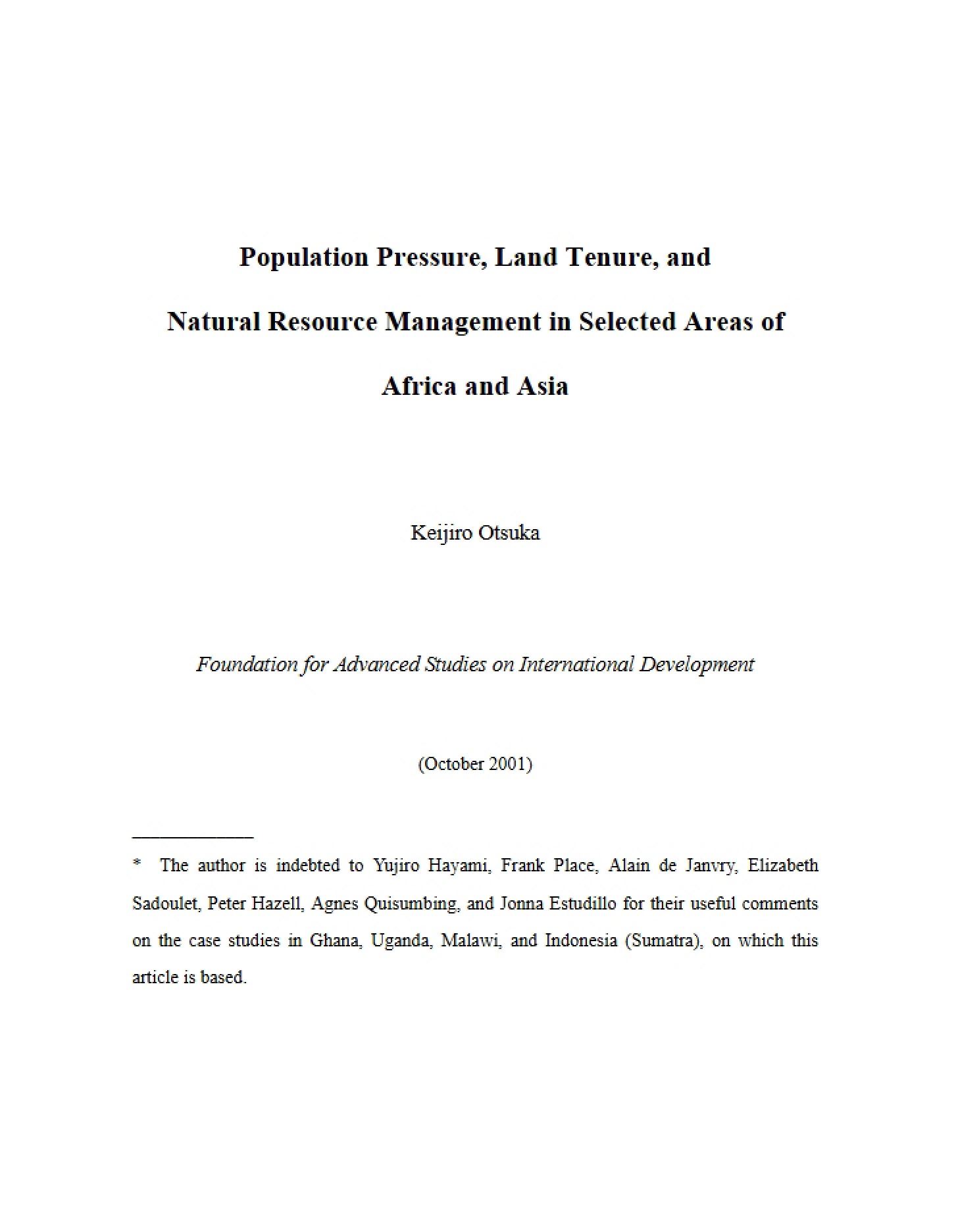 Land Tenure, Population Pressure, and Resource Management