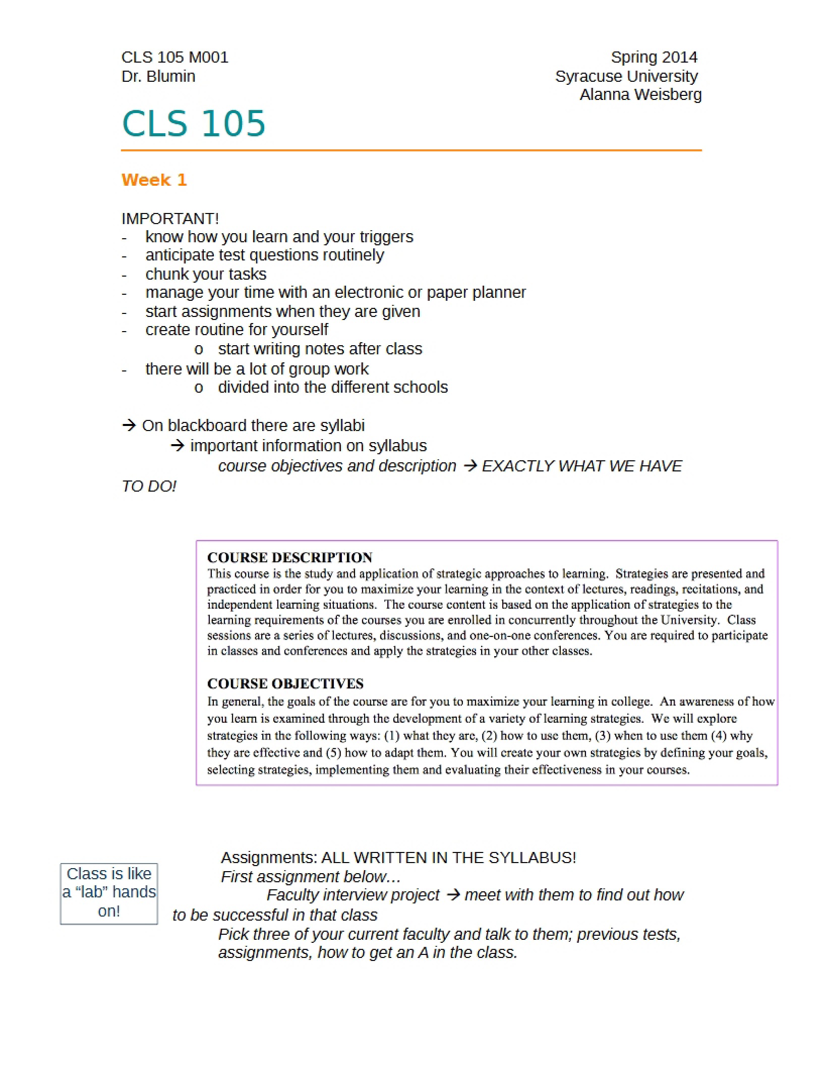 Weeks 1-5 College Learning Strategies