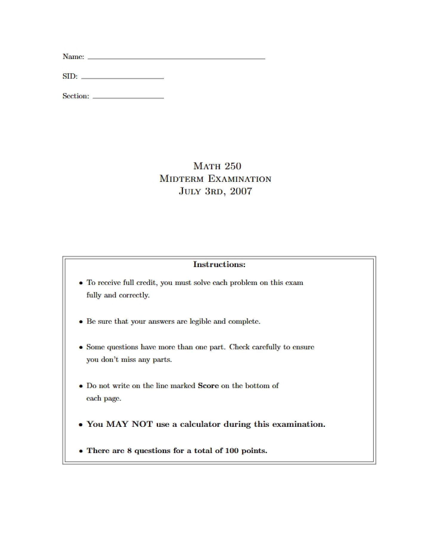 Midterm Assessment Math 250 - 8 Pages