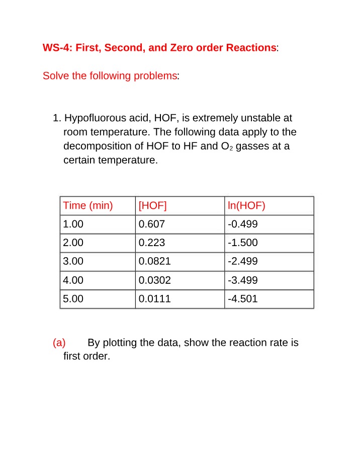 First, Second, and Zero Order Reactions - WS-4
