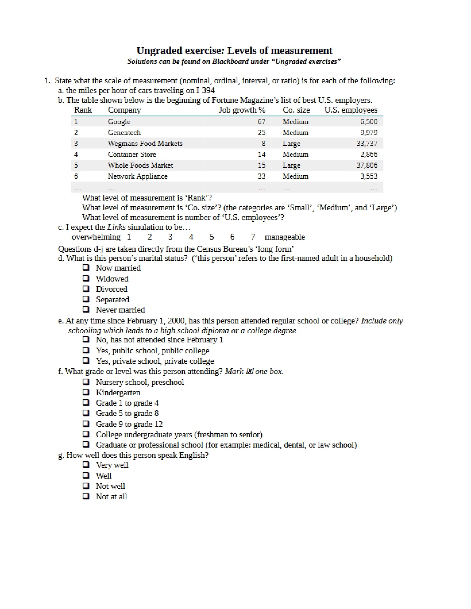 Homework 1 Levels of Measurement