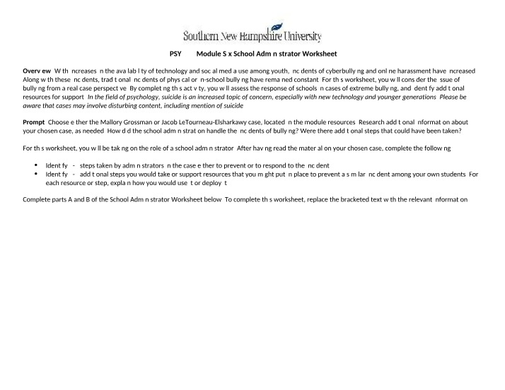 Worksheet and Case Study Analysis - Preventing School Bullying