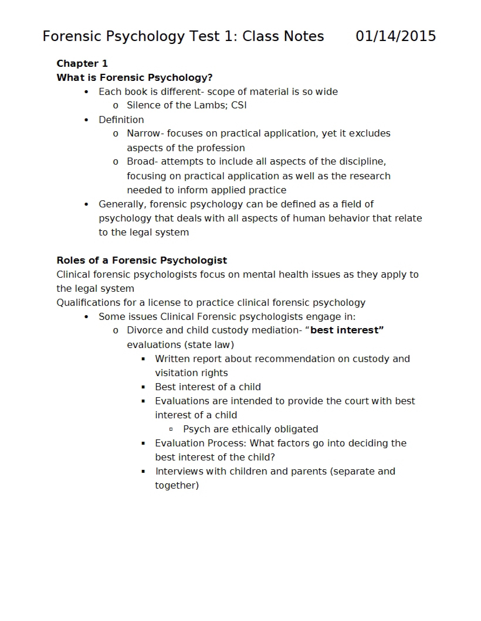 Class Notes for Forensic Psychology Test 1