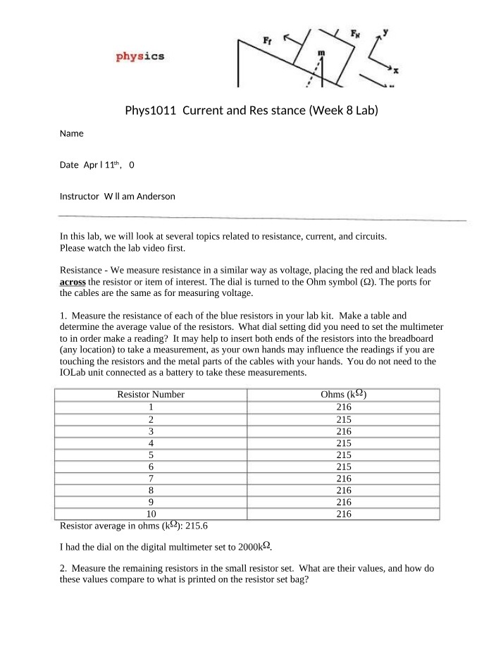 Resistance and Current Lab Analysis