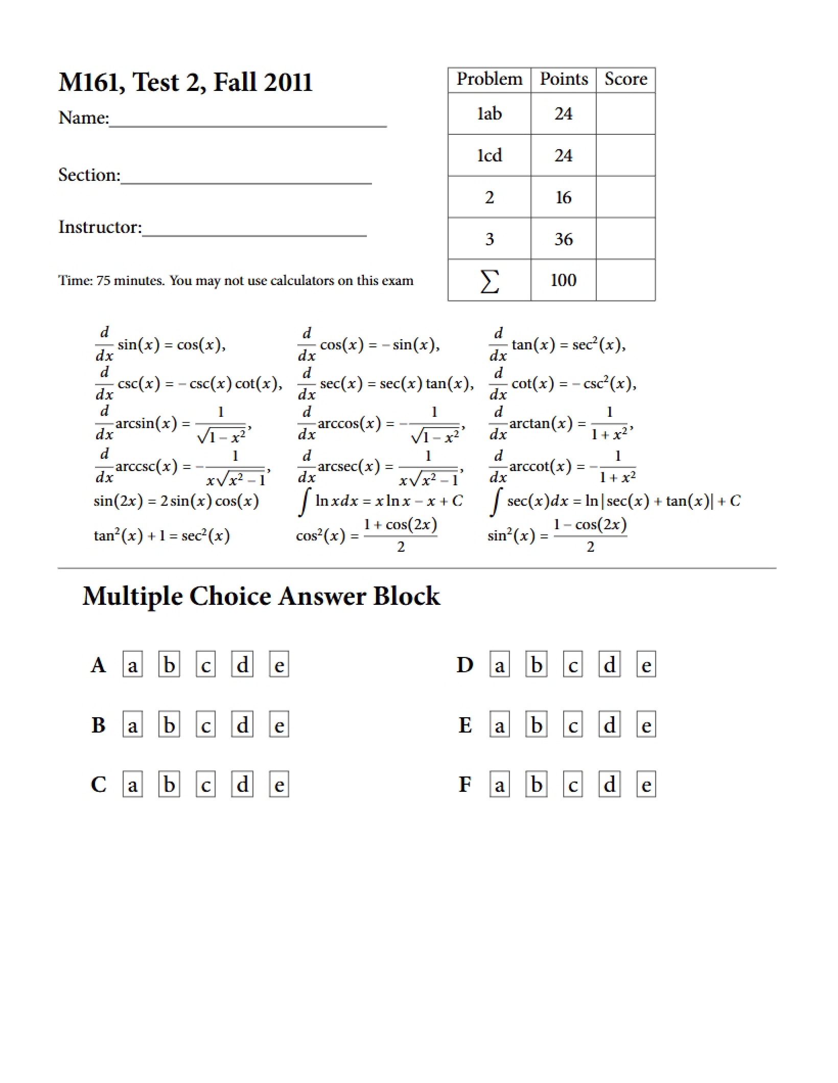 Test 2 Math 161