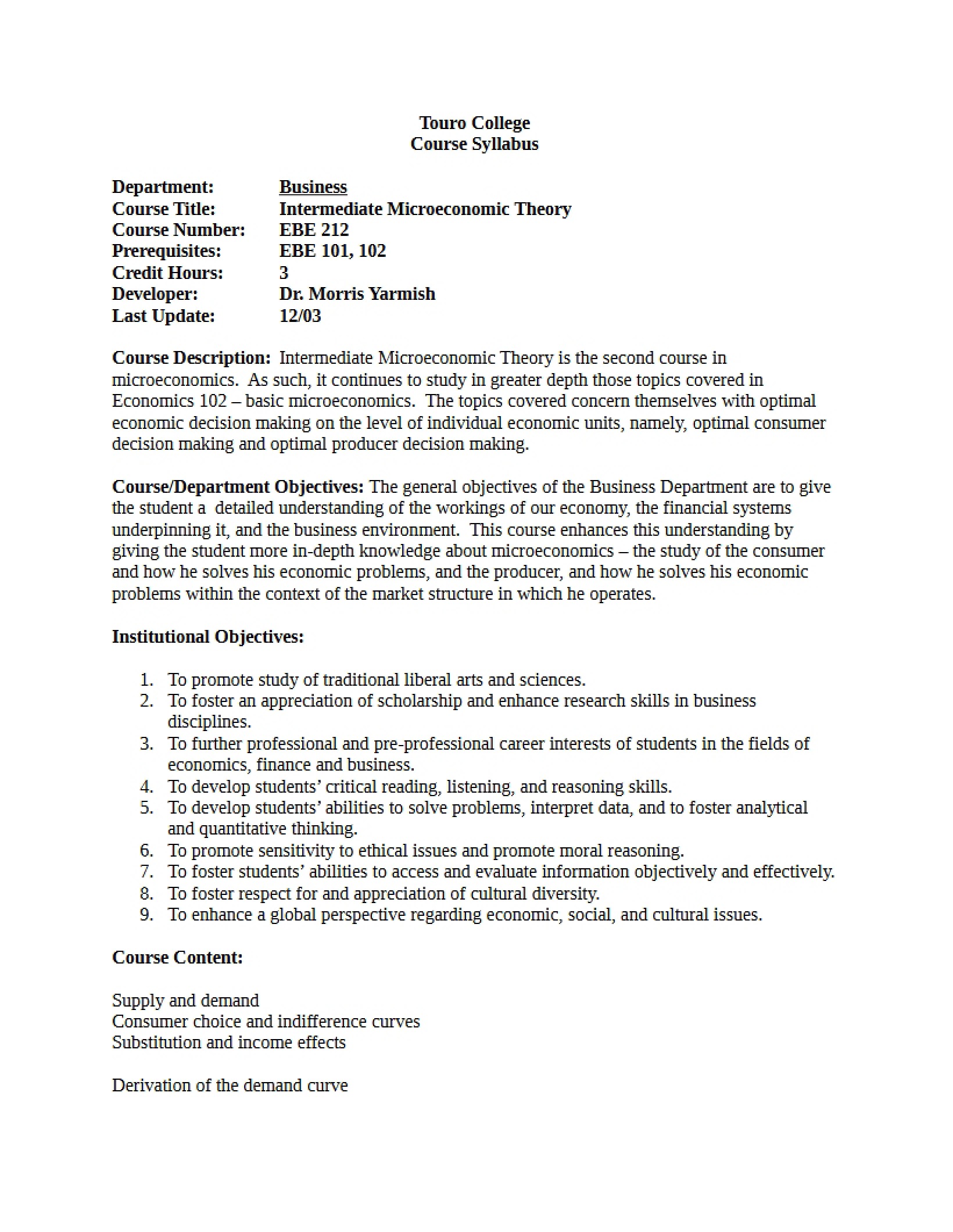 Intermediate Microeconomics 3 Course Guide