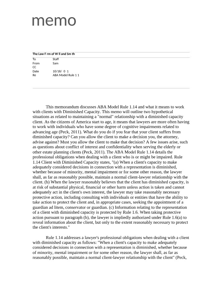 Maintaining a Normal Client-Lawyer Relationship - ABA Model Rule 1.14