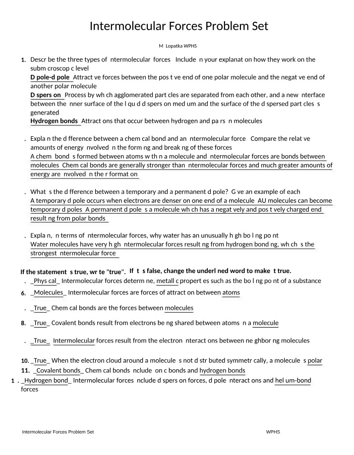 Problem Set on Intermolecular Forces