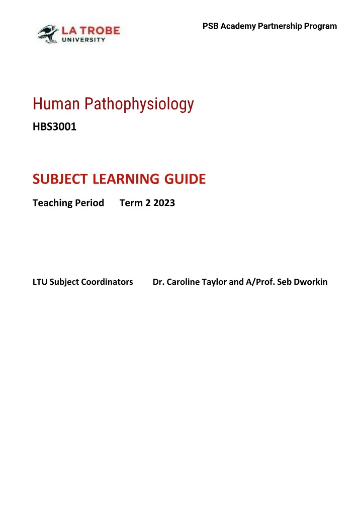 Subject Learning Guide for HBS3001 Human Pathophysiology