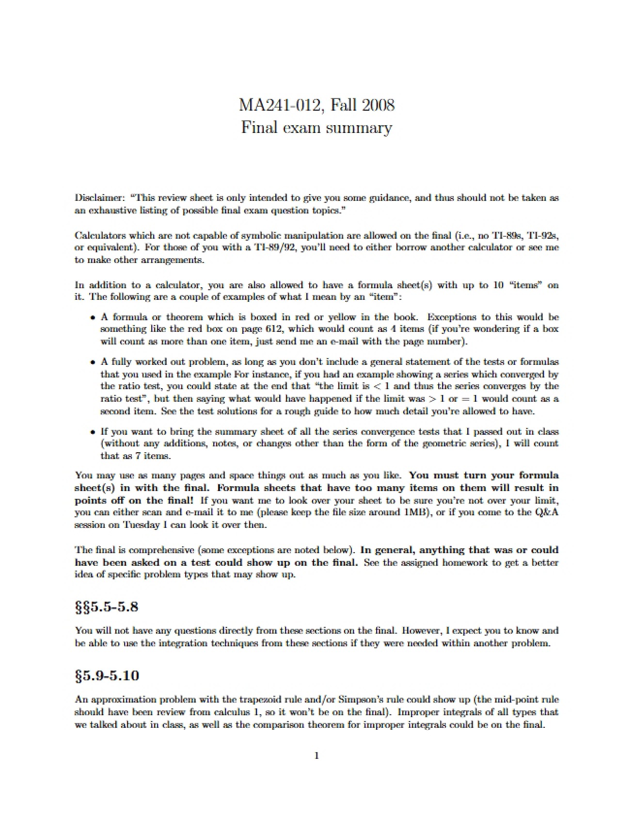 Review Sheet for MA 241 Final