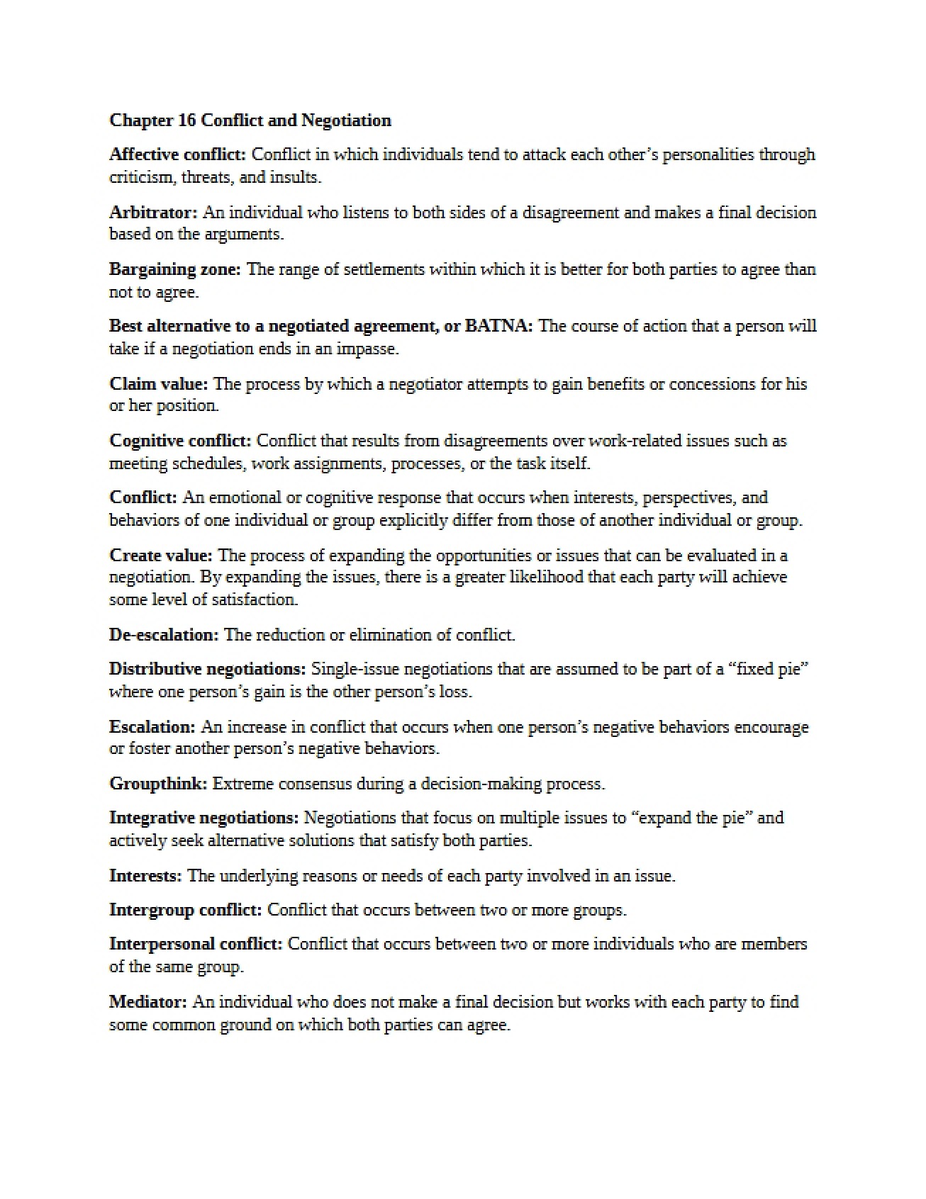 Conflict and Negotiation (Chapter 16)